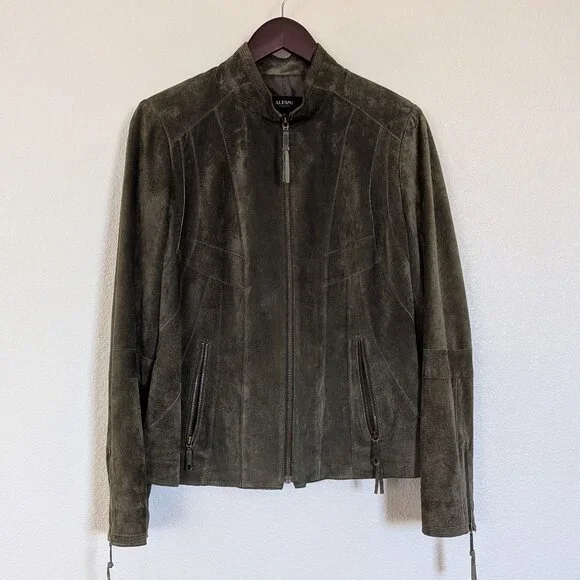Alfani Leather Suede Short Boho Biker Standup Neck Jacket Dark Olive Green - Picture 2 of 14